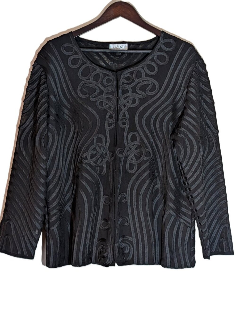 Valenti Black Soutache Swirl Pattern Open Front Jacket Cardigan Size 2X